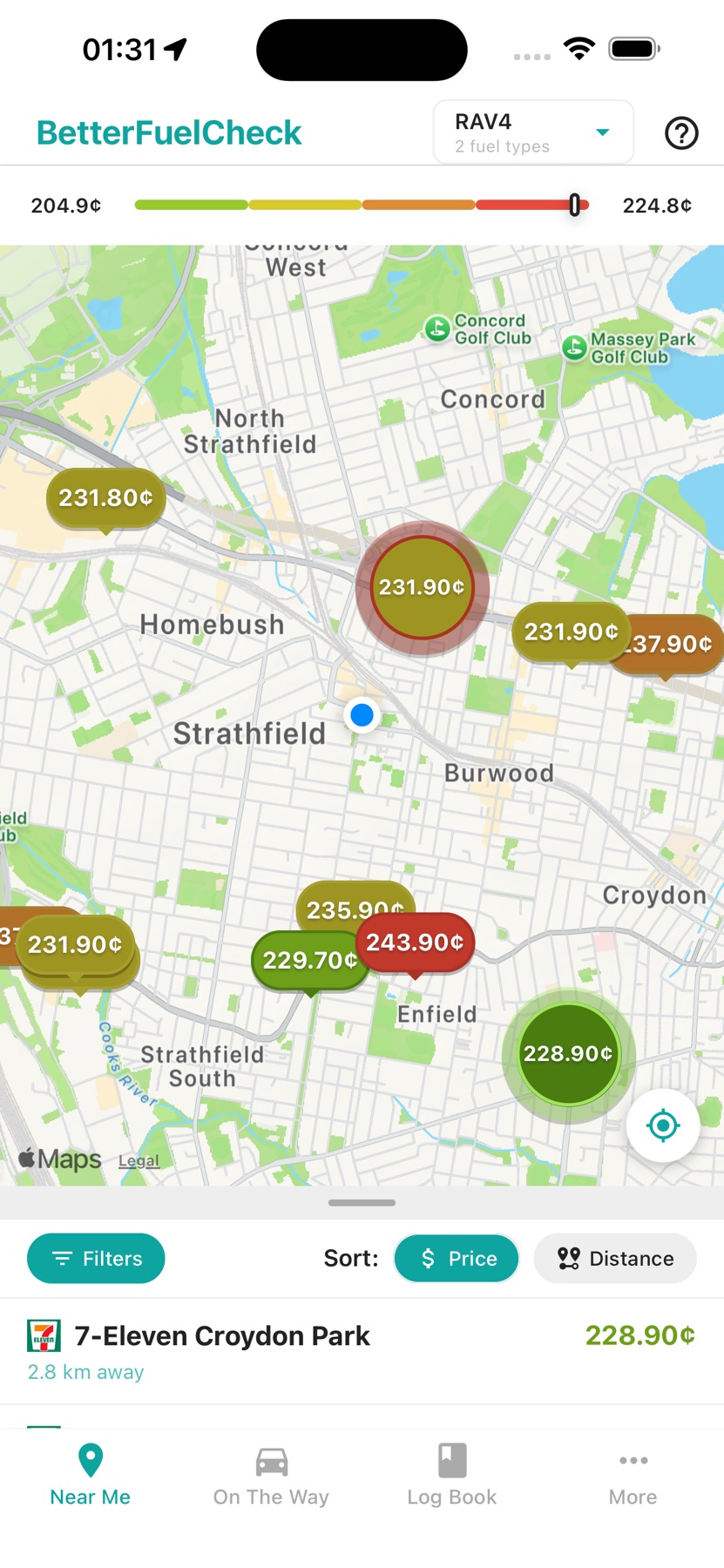 RipperFuel app showing fuel prices on a map