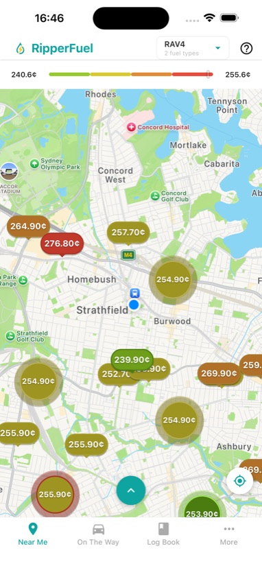 RipperFuel app showing fuel prices on a map